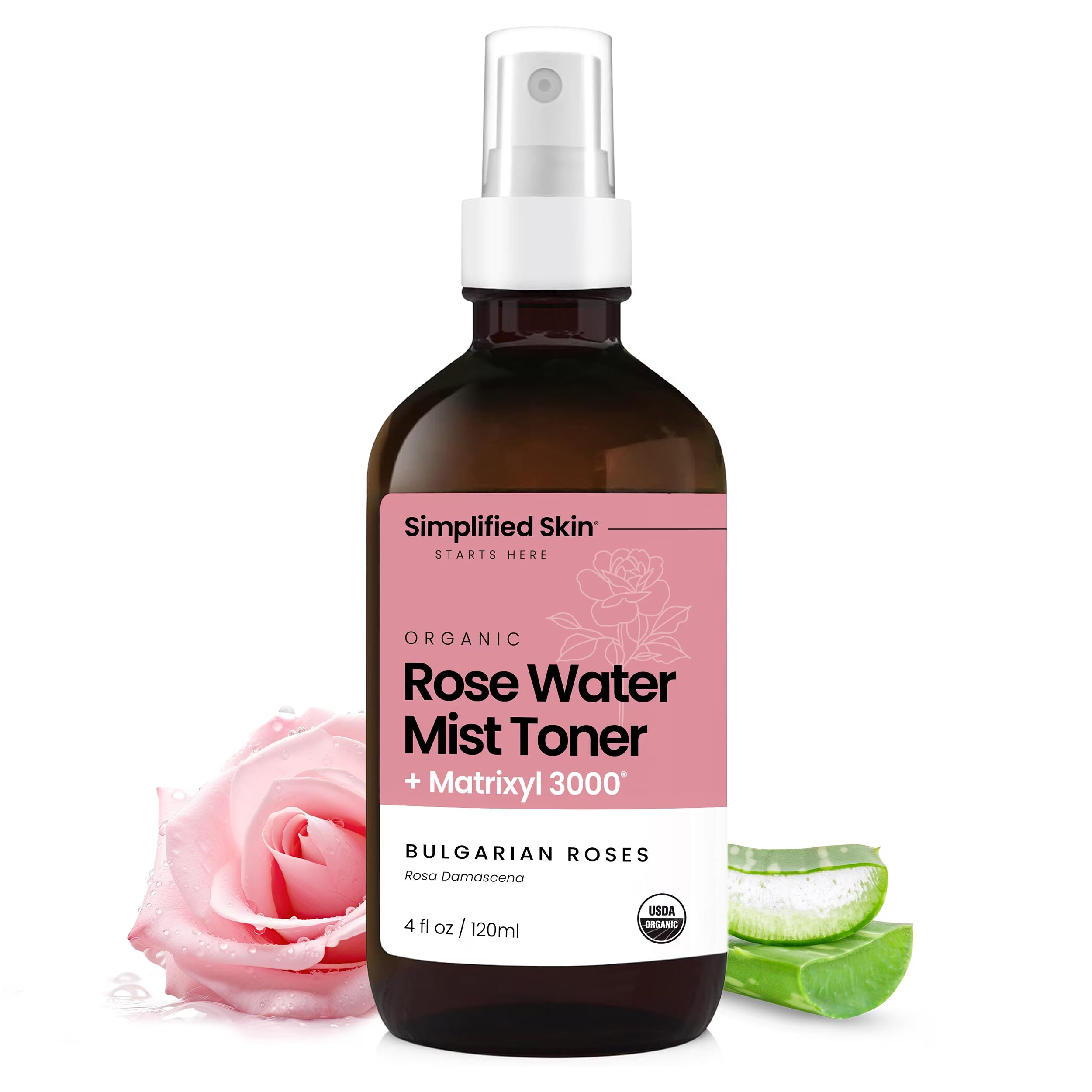 Rose Water Face Spray with Matrixyl 3000, Organic Rosewater Mist with Aloe Vera and Hyaluronic Acid, Hydrating and Soothing, 4 fl oz